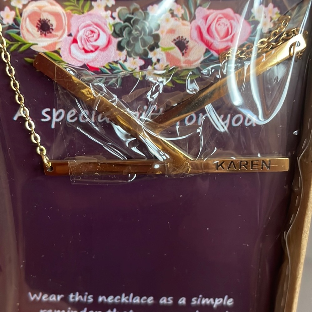 Necklace with the K and the name Karen.